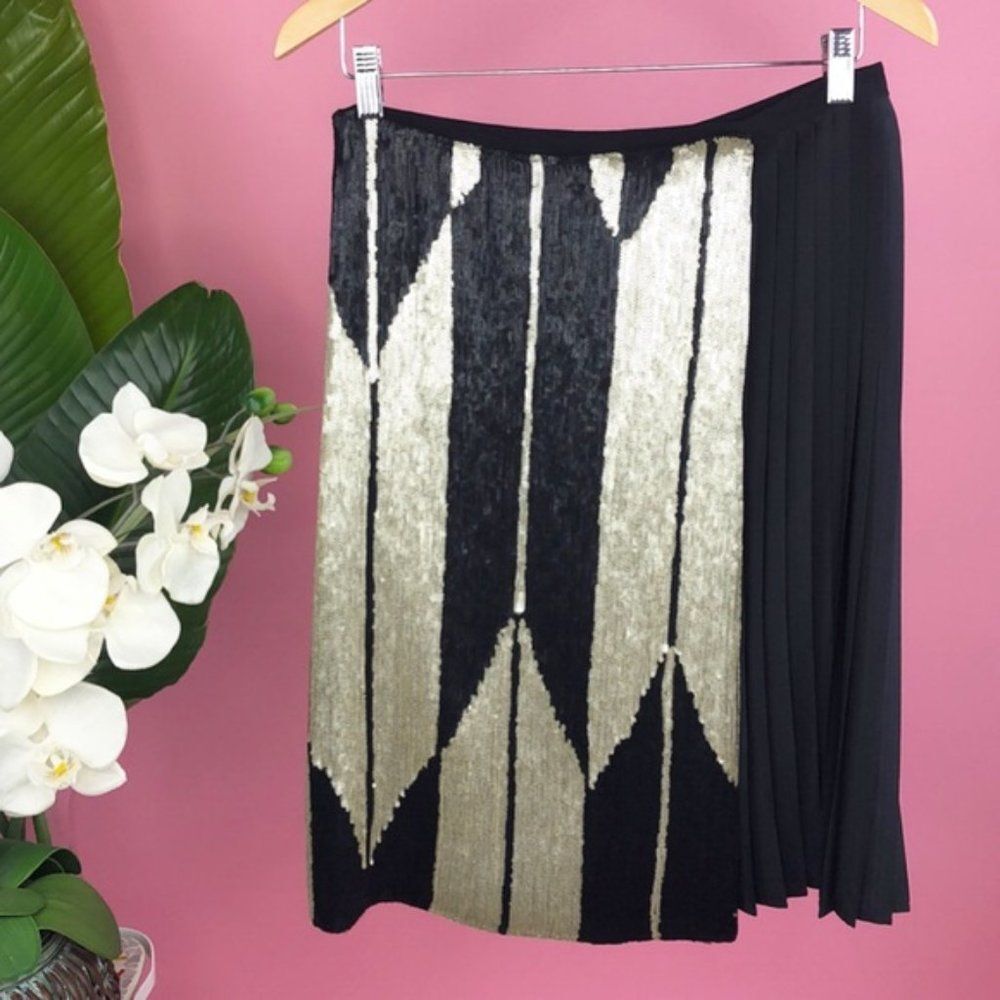 Maliparmi Italian Sequin Pleated Black and Gold Wrap Skirt 42/6 NWT